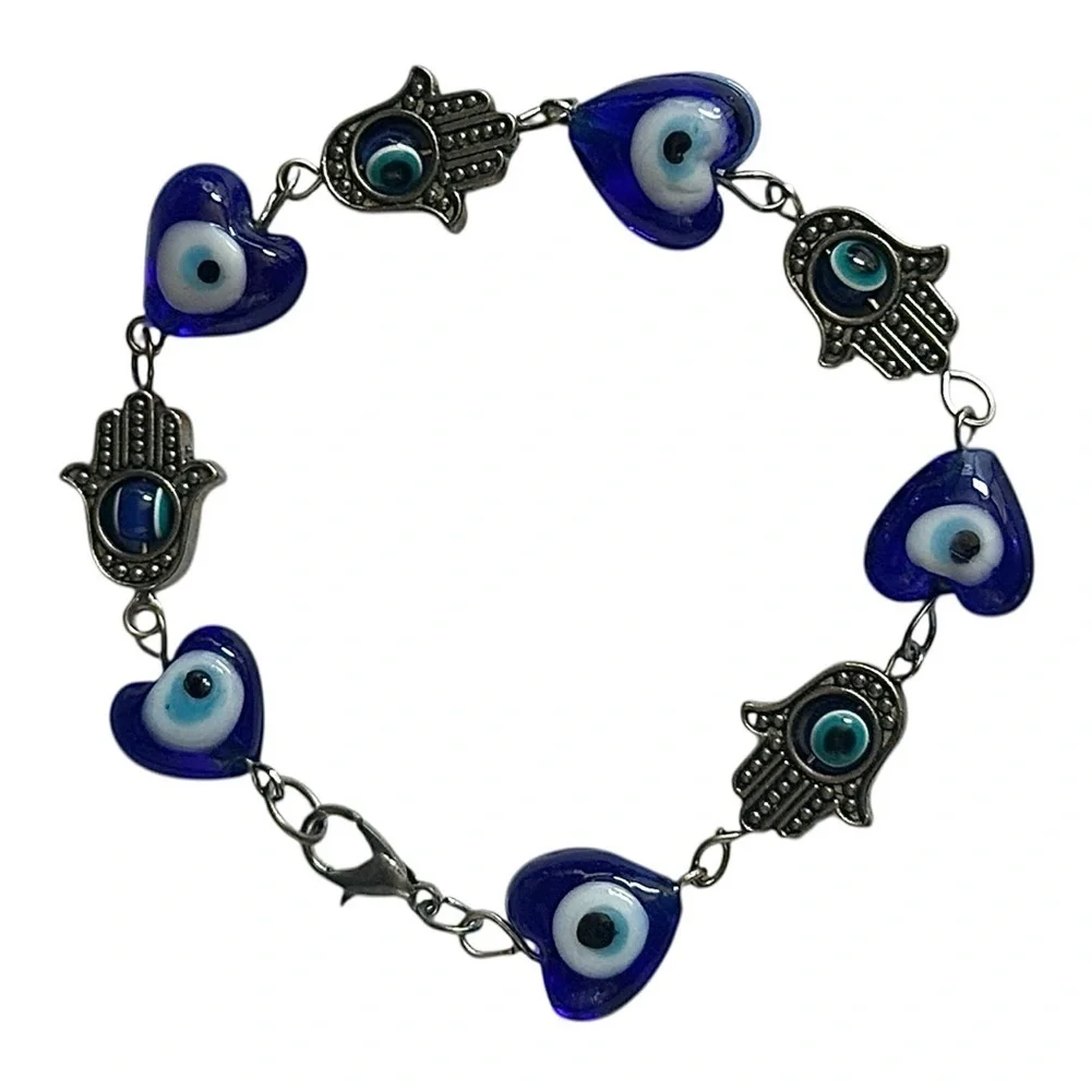 Boutique Charm Bracelet Cobalt Blue Evil Eye Heart Beads Hamsa Hands Silver Tone